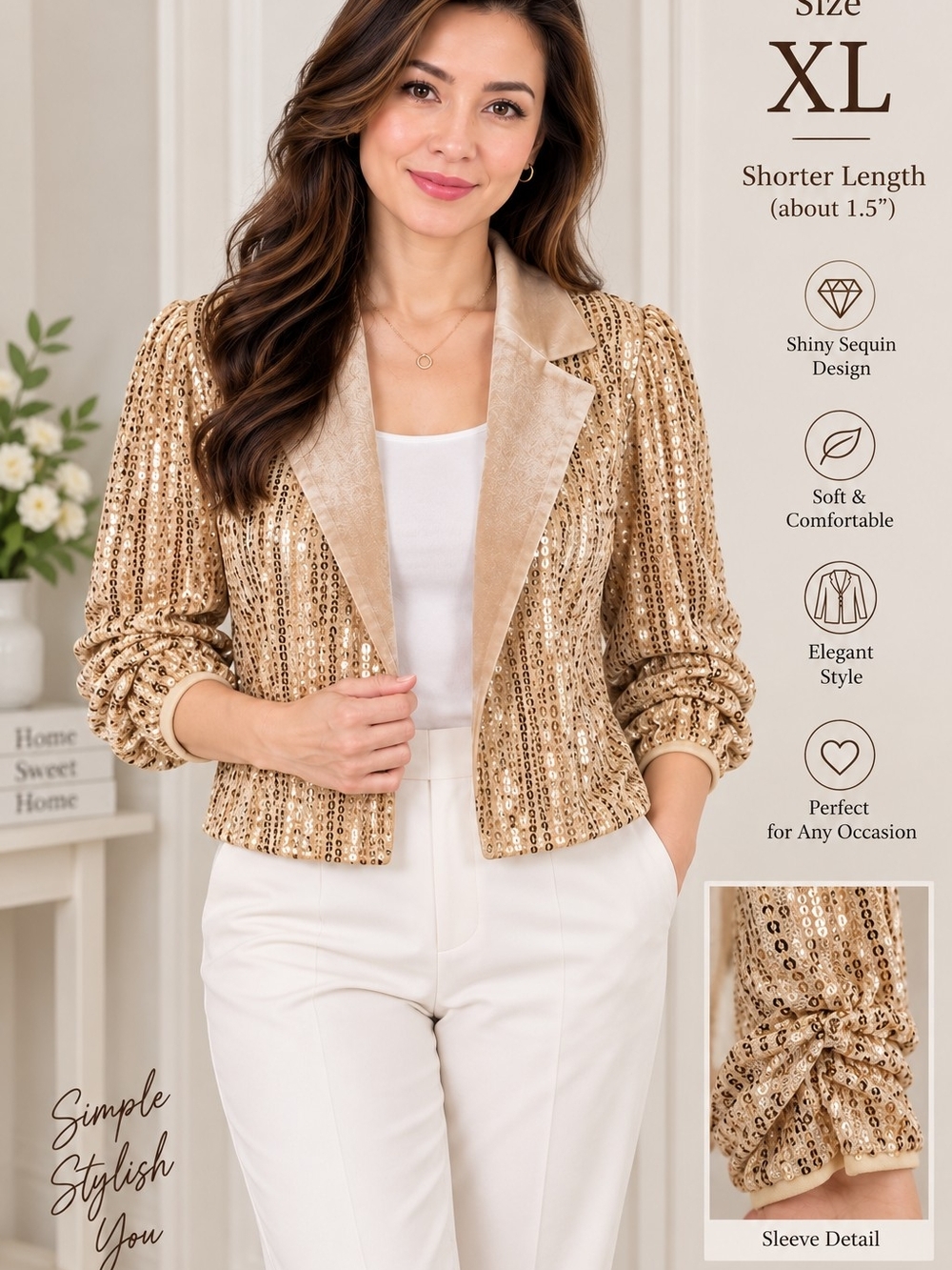 Grace Karin Gold Sequin Cropped Blazer with Velvet Lapel